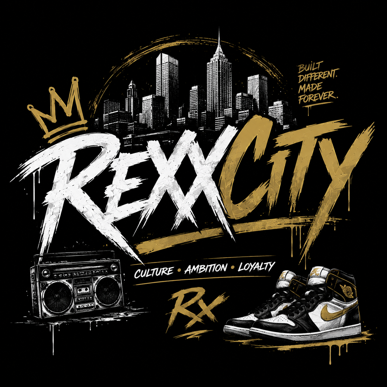 Rexx City poster artwork featuring graffiti lettering, skyline, crown, and sneakers